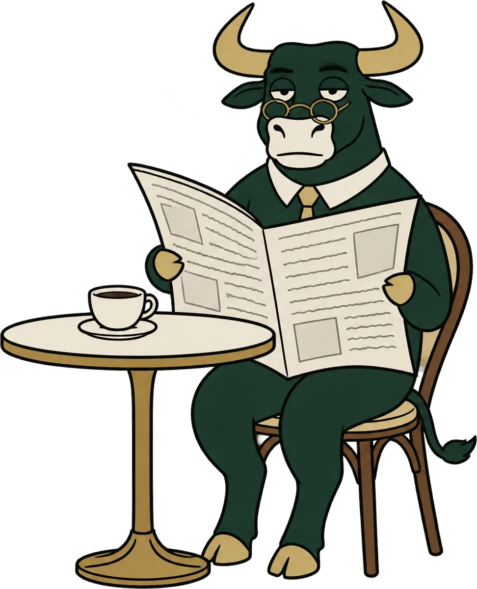 Bully, con gafas de leer, lee el periódico sentado en una mesa redonda con un café