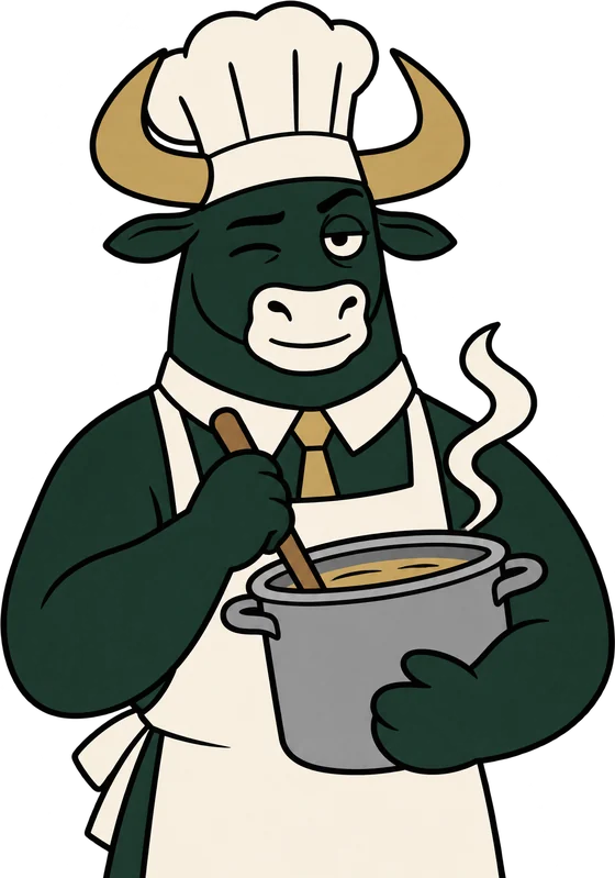Bully, con gorro de cocinero, remueve una olla